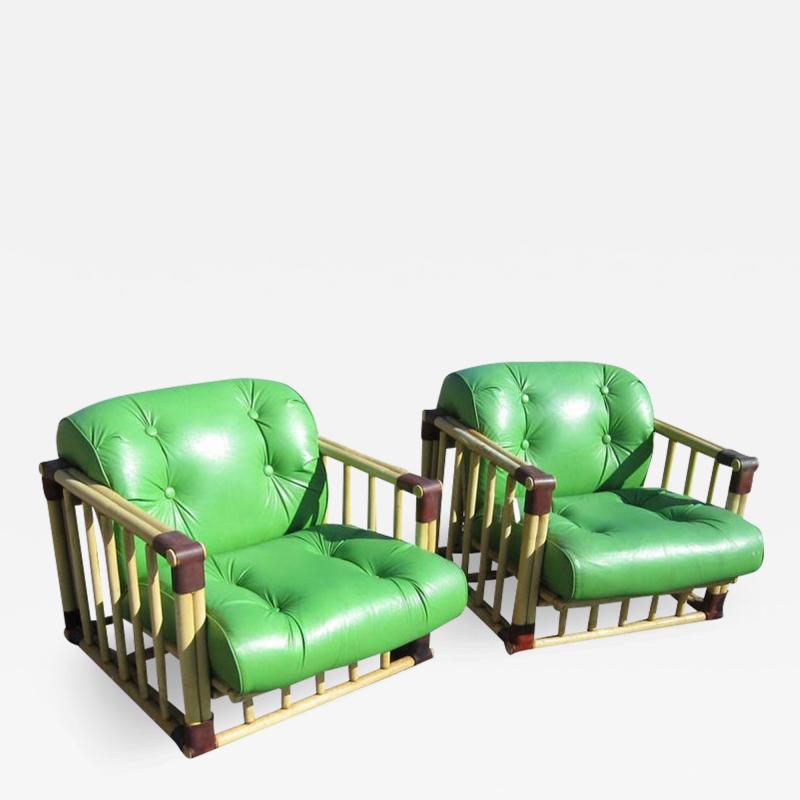  Ficks Reed Pair of Original Bamboo Tufted Green Rattan Lounge Chairs by Ficks Reed 1970s