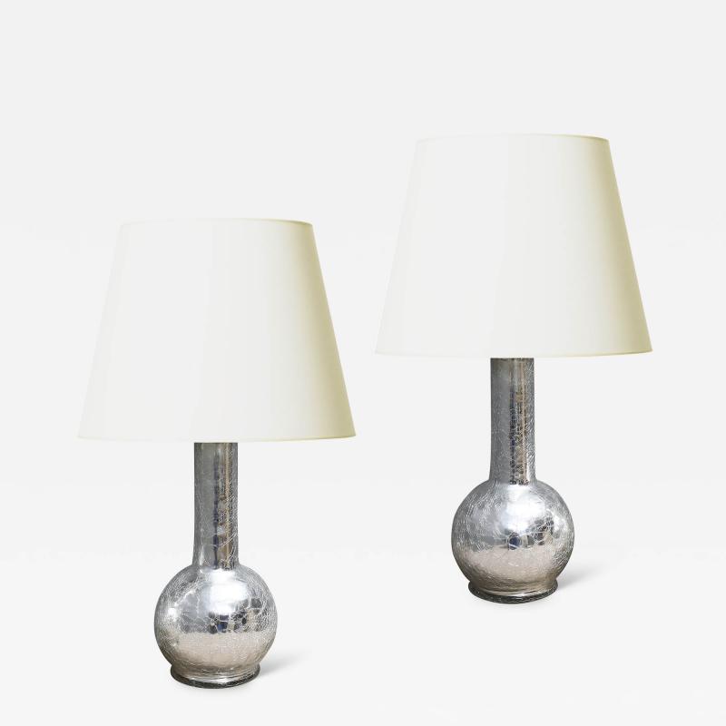  Flygsfors Pair of Craquel Mirrored Glass Table Lamps by Flygsfors Glasbruk
