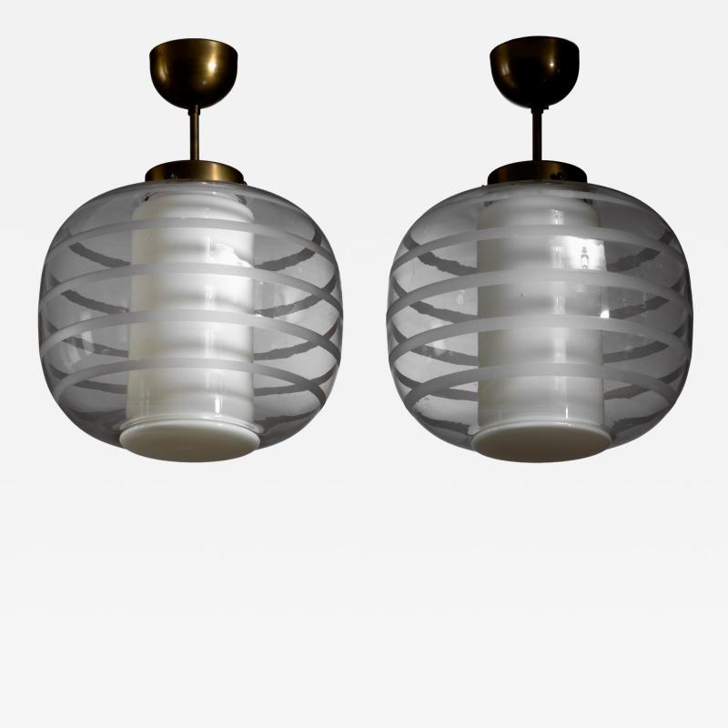  Flygsfors Pair of striped glass pendants
