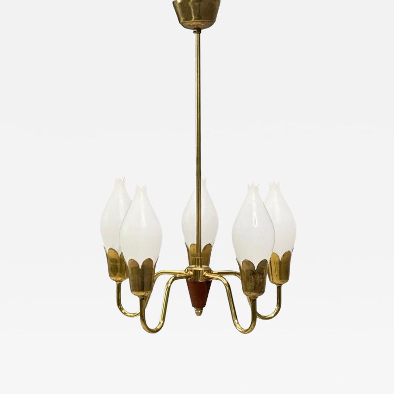  Fog M rup Fog M rup Tulip Chandelier Opal Glass Brass Teak Denmark 1960s