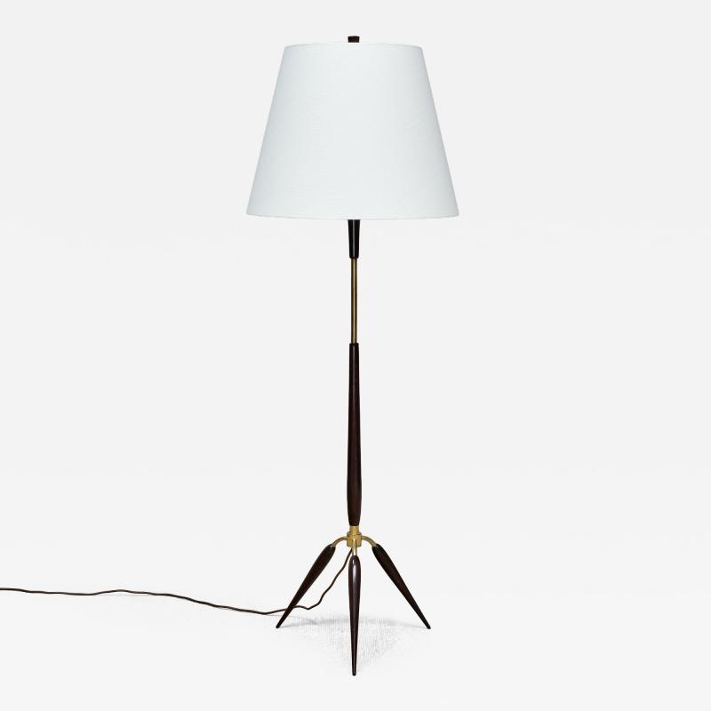  Fog M rup Sculptural Danish Modern Tripod Floor Lamp in Brass Beechwood and Linen 1960s