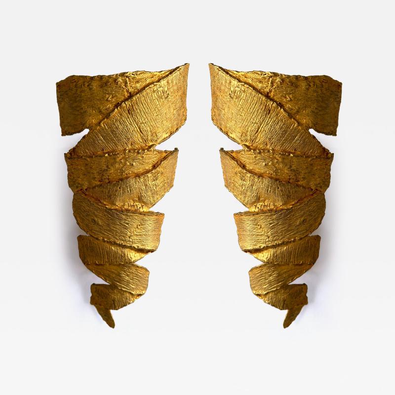  Fondica Pair of Gilt Metal Ribbon Sconces by Fondica France 1990s