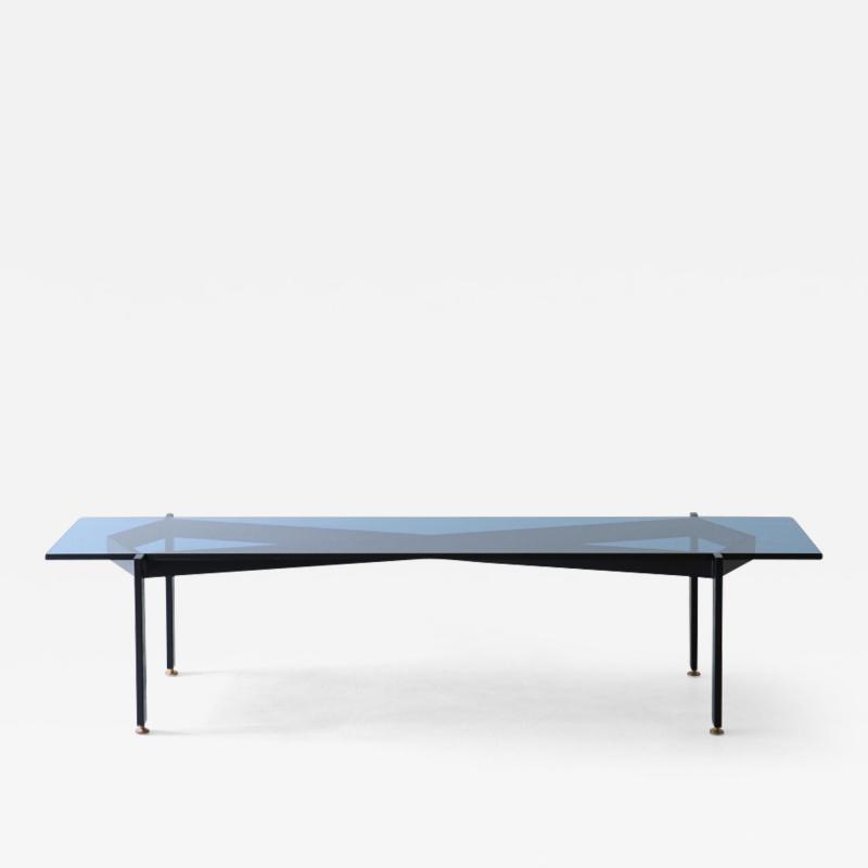  Fontana Arte Very refined coffee table with metal structure and thick blue cut glass top