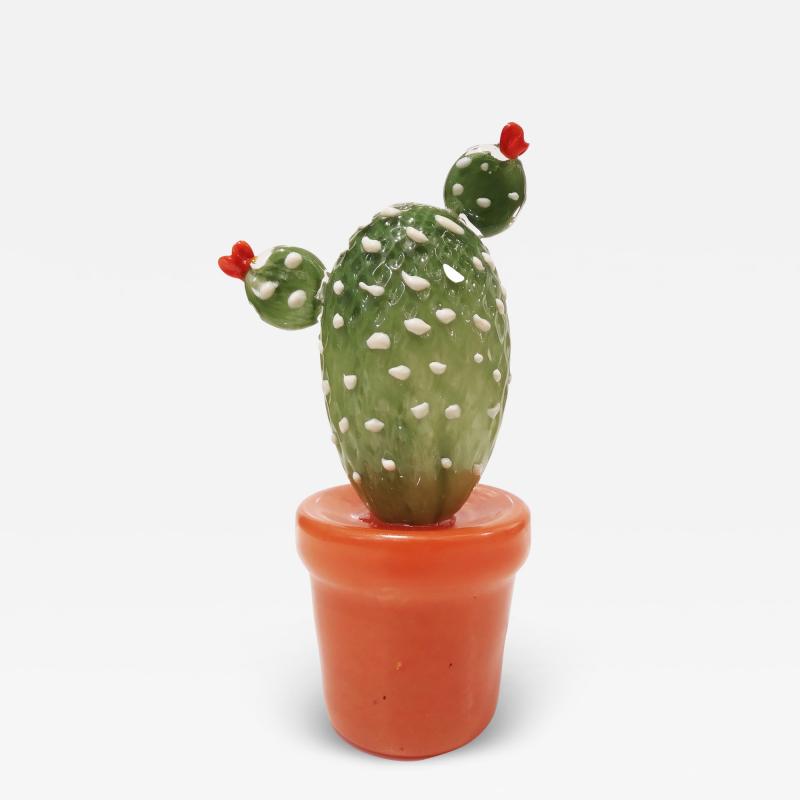  Fornace Mian Modern Italian Green White Gold Orange Murano Glass Cactus Plant Red Flowers