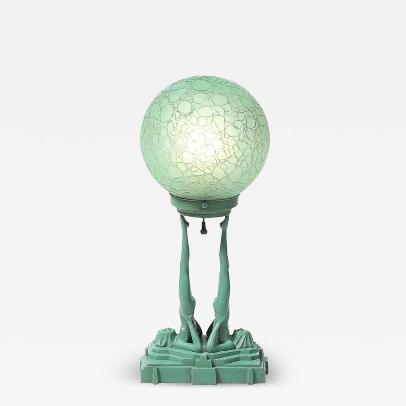  FrankArts Art Deco Frankarts L220 Turquoise Figurative Green Craqueleur Glass Table Lamp