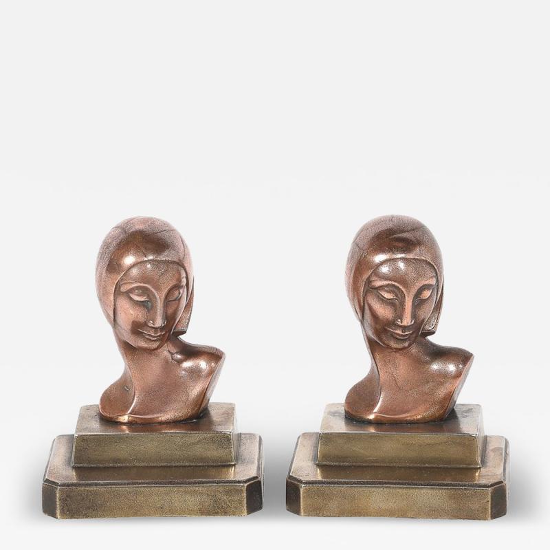  FrankArts Art Deco Machine Age Flapper Bookends in Copper Antique Brass signed Frankarts