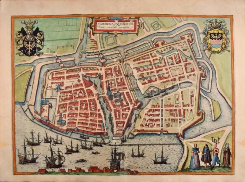  Franz Hogenberg View of Emden Germany A 16th Century Hand colored Map by Braun Hogenberg