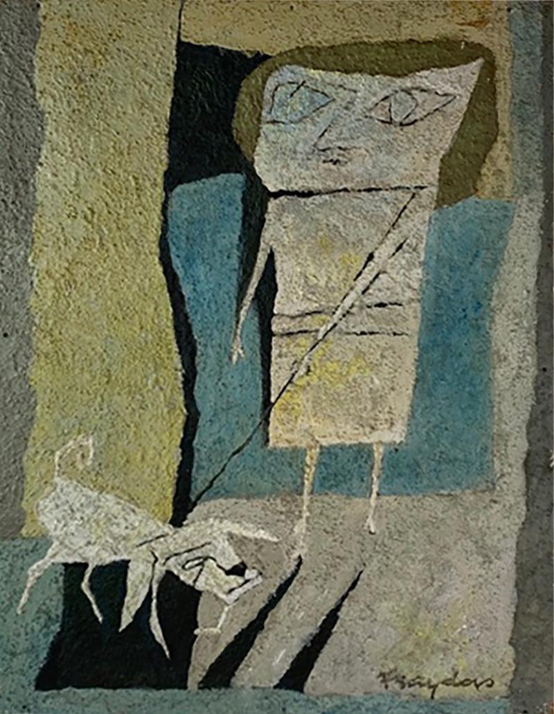  Fraydas MID CENTURY ABSTRACT WOMAN WITH DOG PAINTING SIGNED FRAYDAS