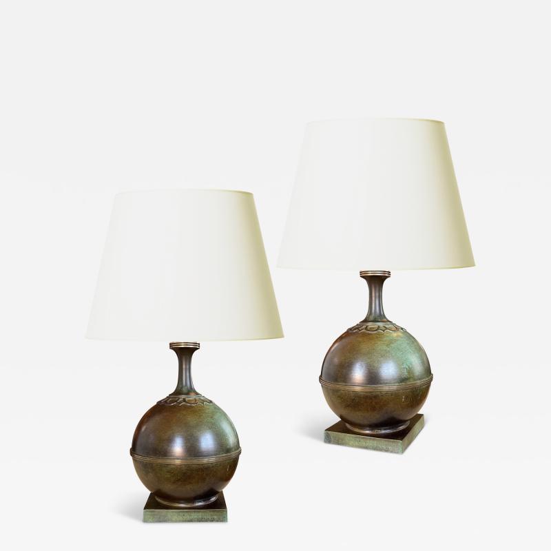  GAB Guldsmedsaktiebolaget Pair of Art Deco Table Lamps in Bronze by GAB