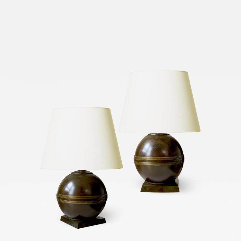  GAB Guldsmedsaktiebolaget Pair of Art Deco Table Lamps in Bronze by GBH