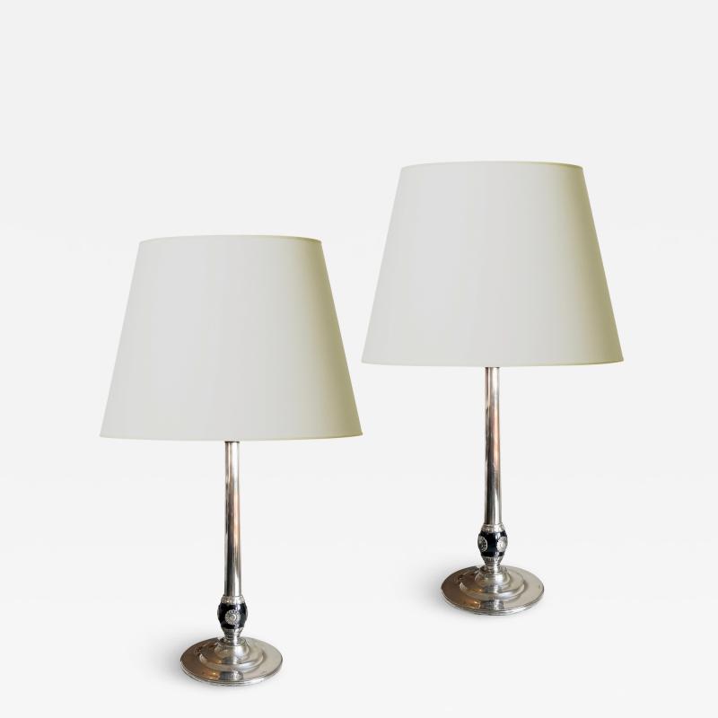  GAB Guldsmedsaktiebolaget Pair of Silvered and Enameled Art Deco Table Lamps by GAB