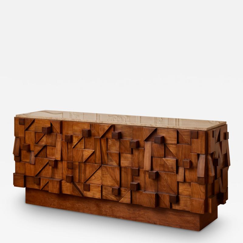  GALERIE GLUSTIN PARIS Sculpted wood and travertine stone sideboard by Studio Glustin