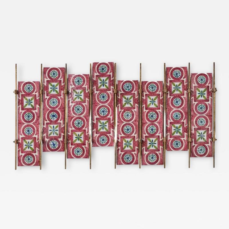  Gabbianelli Brass Frame Coat Hanger with 16 Gabbianelli Hand Painted Tiles Italy 1950s
