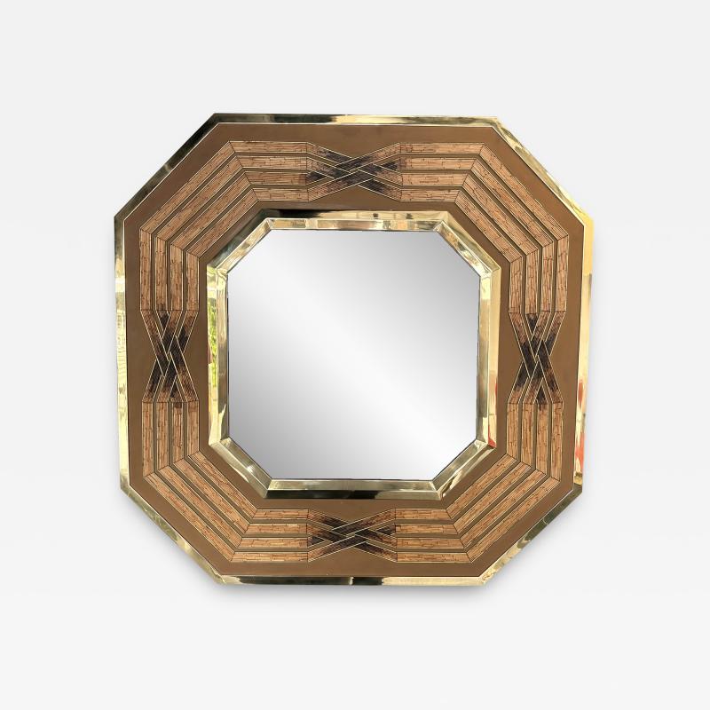  Garzio Brass Mirror and Rattan Marquetry by Garzio Italy 1970s