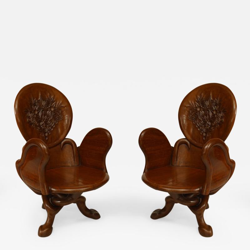  Gaudi 3 Pair of Art Nouveau 19 20 Cent Teak Armchairs