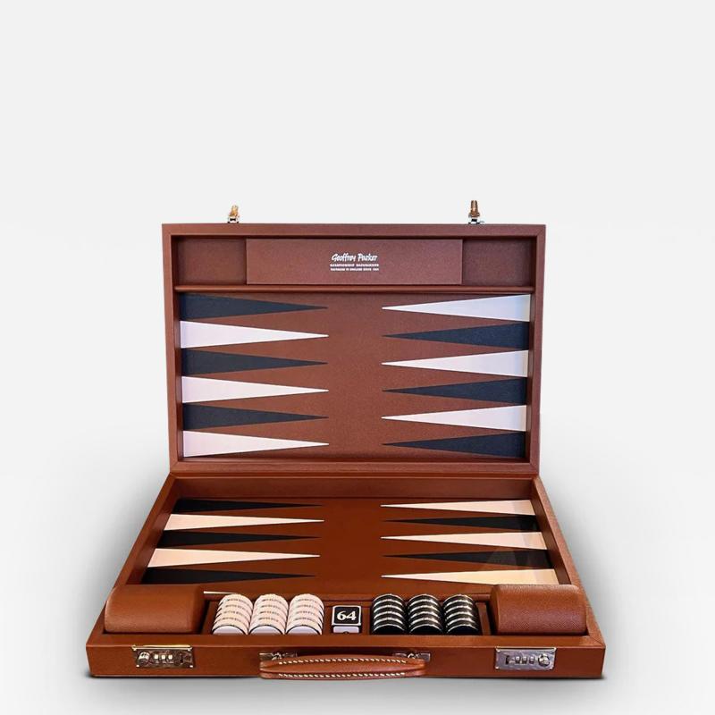  Geoffrey Parker ESPRESSO LEATHER CHALLENGE BACKGAMMON BOARD WITH ESPRESSO FIELD