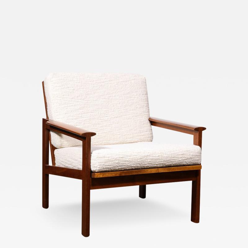  George Tanier Mid Century Modern Armchair in Hand Rubbed Teak and Holly Hunt Boucl Fabric