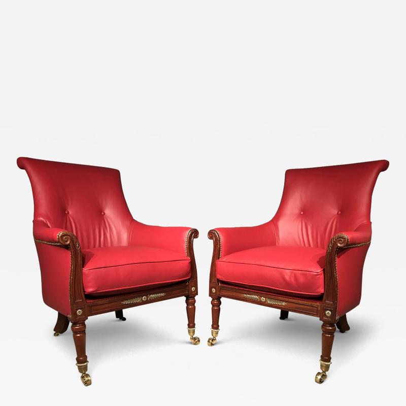  Gillows of Lancaster London Pair of Regency Mahogany Library Armchairs Attributed to Gillows