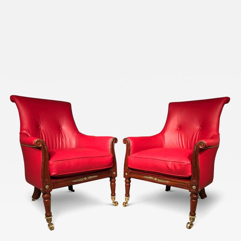  Gillows of Lancaster London Pair of Regency Mahogany Library Armchairs Attributed to Gillows