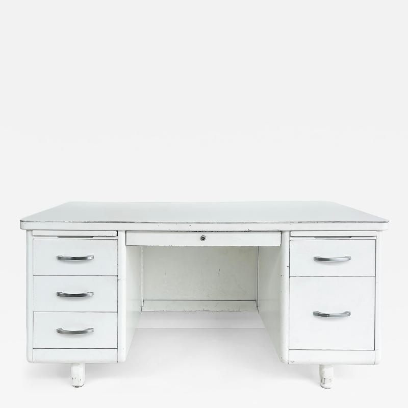  Globe Wernicke Globe Wernicke Style Mid Century Modern White Steel Tanker Desk w Formica Top