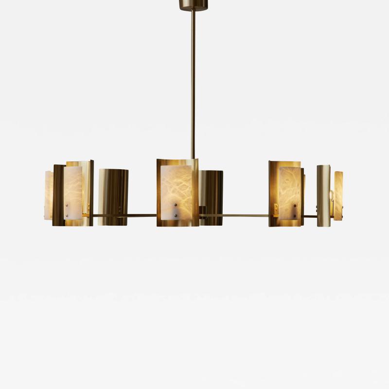  Glustin Luminaires Brass and Alabaster Shield Chandelier by Glustin Luminaires