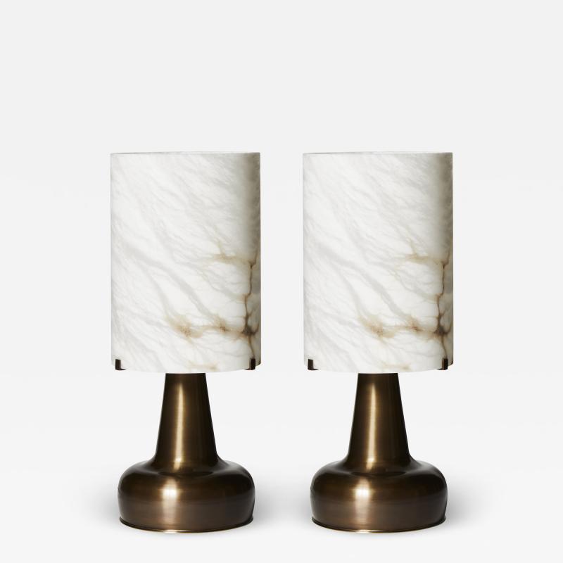  Glustin Luminaires Glustin Luminaires Pear Shaped Brass Table Lamps and Alabaster Shades