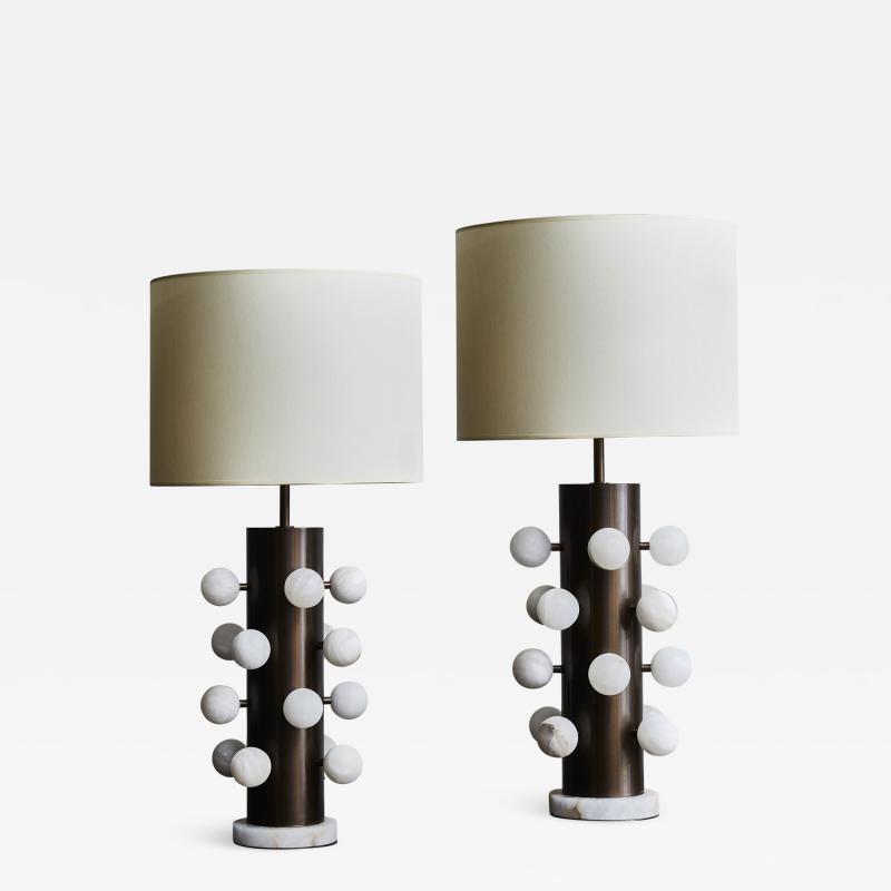  Glustin Luminaires Pair of Light Bronze Finish Brass Table Lamps with Alabaster Spheres