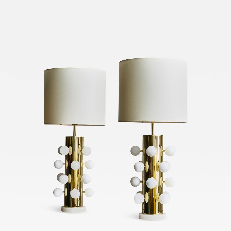  Glustin Luminaires Pair of Polished Brass Table Lamps with Alabaster Spheres