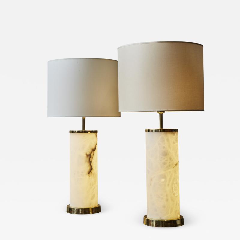  Glustin Luminaires Tall Enlightened Alabaster Cylinder and Brass Table Lamps by Glustin Luminaires