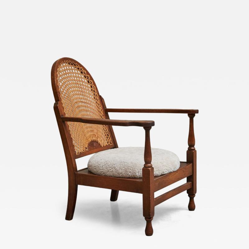  Go cicino Go cicino Lounge Chair in Solid Oak Webbing and Wool Poland 1930s