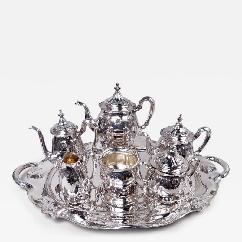  Gorham Manufacturing Co Gorham Art Nouveau Martel Silver Coffee Tea Set on Tray