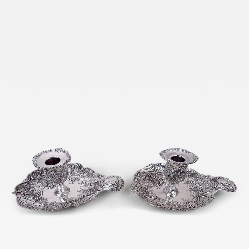  Gorham Manufacturing Co Pair of Gorham Victorian Classical Repousse Chambersticks 1891