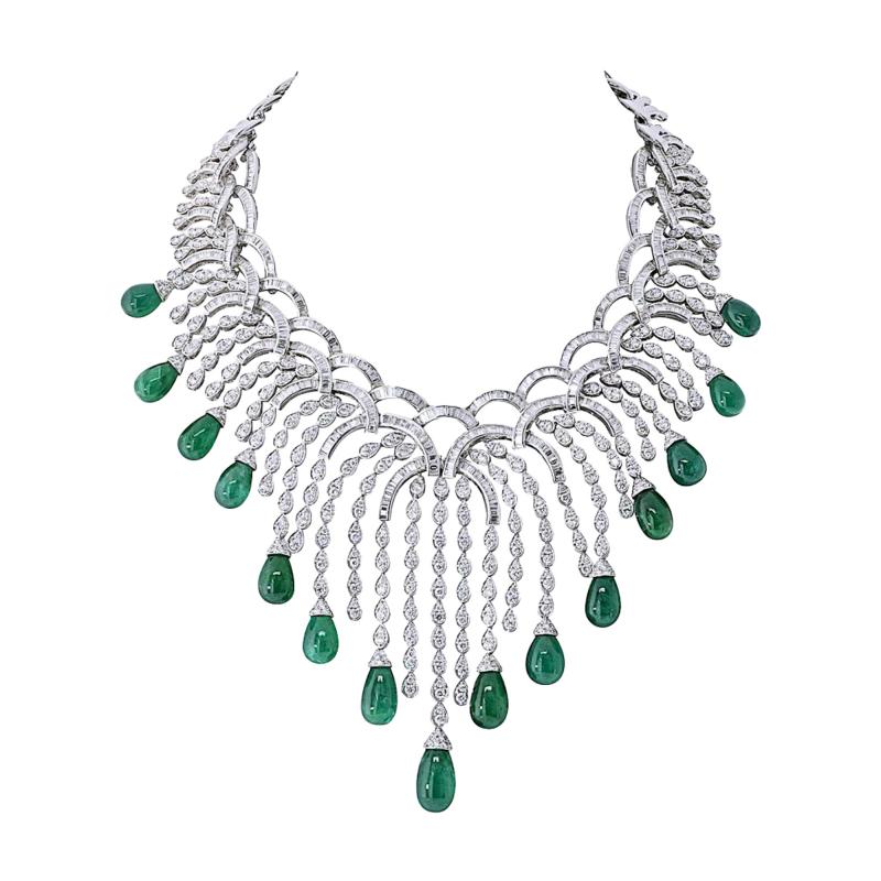  Graff Graff 18K White Gold Green Emerald And Diamond Spray Cascade Sugarloaf Necklace