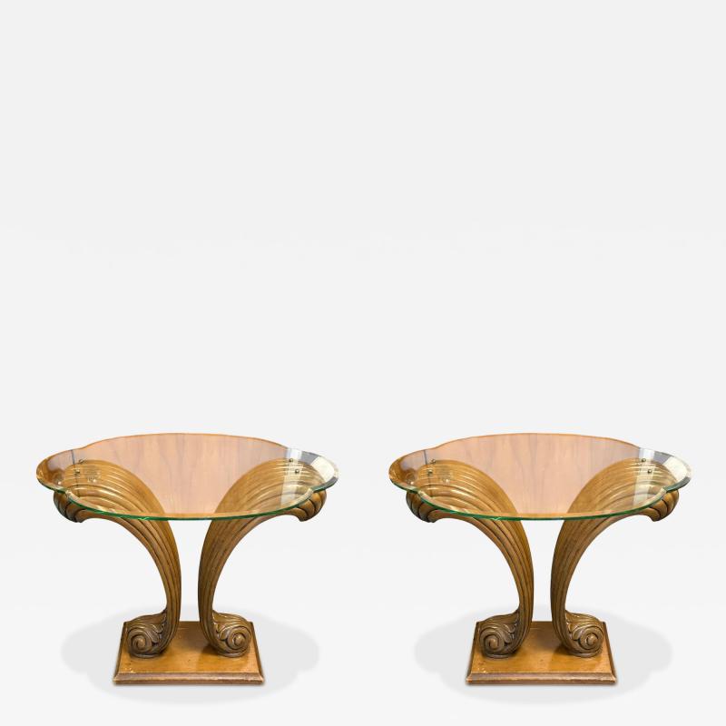 Grosfeld House CLASSIC HOLLYWOOD GROSFELD HOUSE CARVED WOOD PLUME SIDE TABLES CONSOLE PAIR