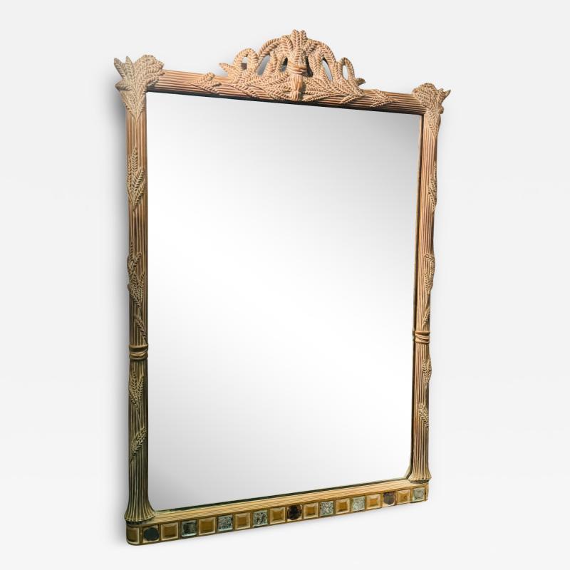  Grosfeld House HOLLYWOOD REGENCY CARVED FRONDS CERUSED OAK WITH MIRRORED SQUARES TRIM MIRROR