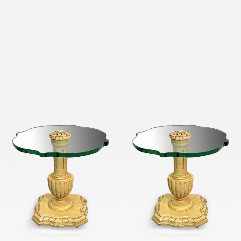  Grosfeld House HOLLYWOOD REGENCY WOOD URN AND FANCY GLASS TOPPED SIDE TABLES