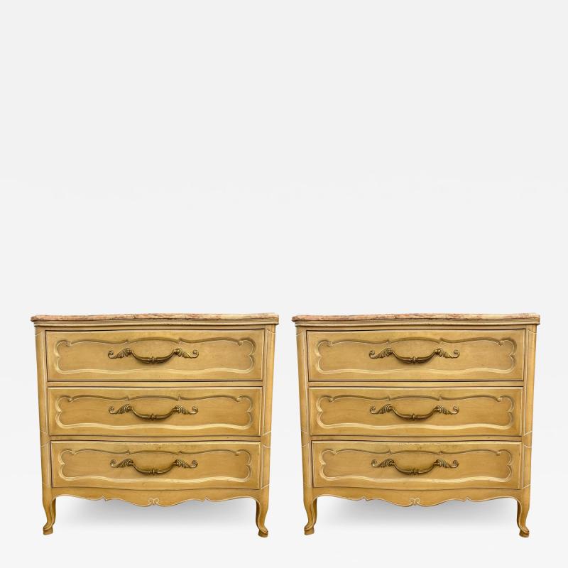  Grosfeld House Pair Of Louis XV Style Grosfeld House Marble Top Distressed Four Drawer Commodes