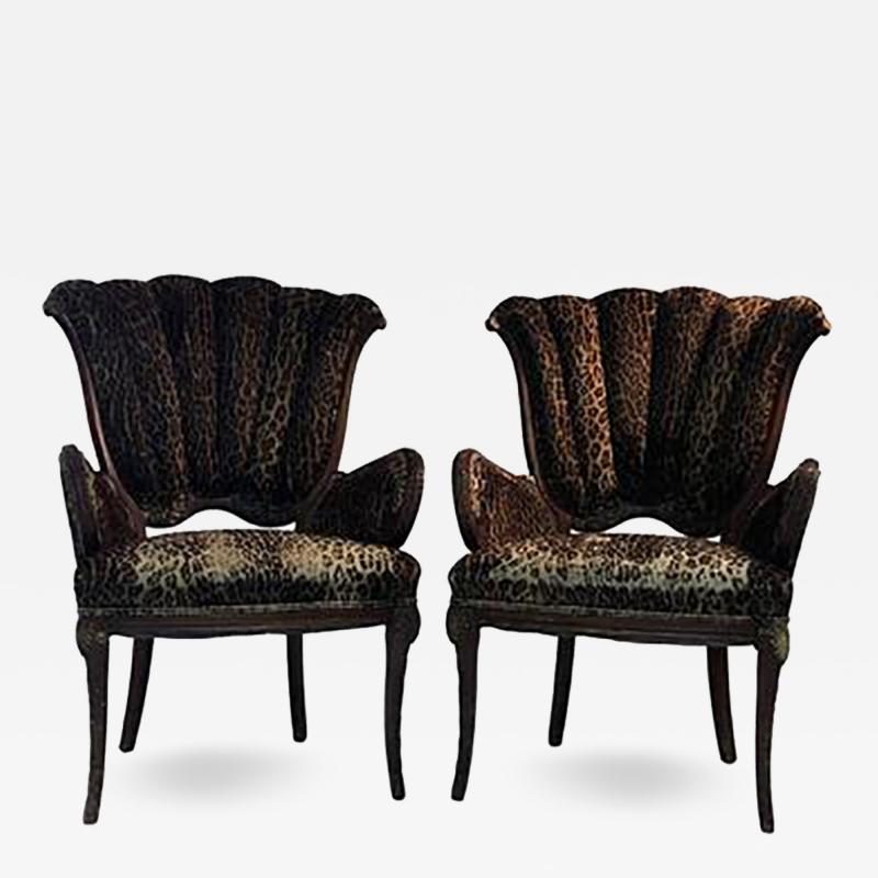  Grosfeld House Pair of 1940s Grosfeld House Leopard and Carved Wood Decorative Chairs