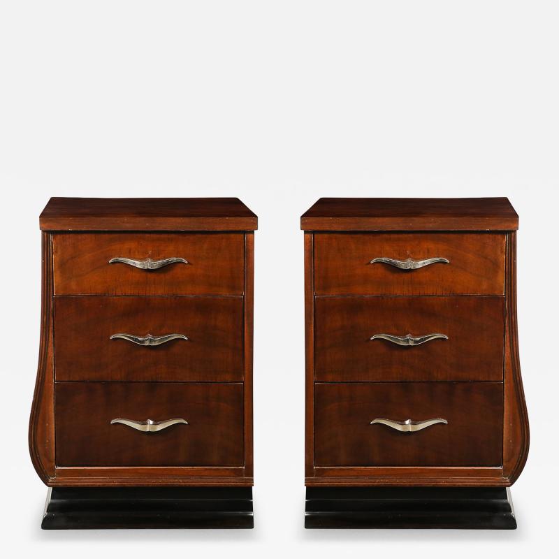  Grosfeld House Pair of Art Deco Walnut Black Lacquer Nightstands by Grosfeld House
