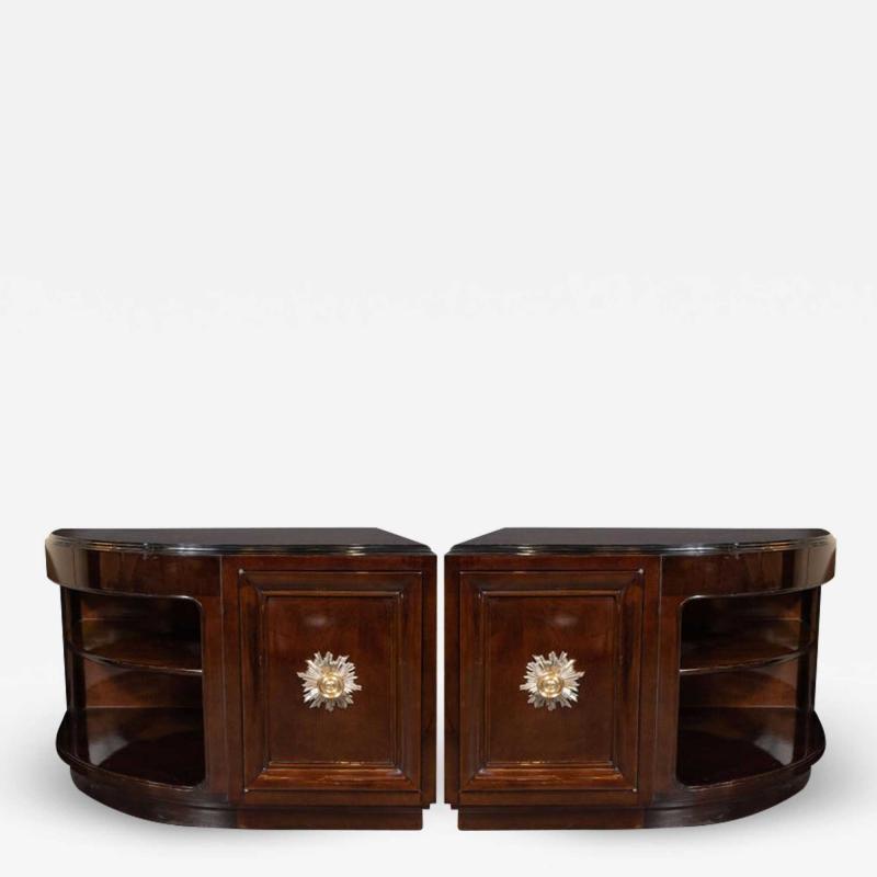  Grosfeld House Pair of Art Deco Walnut End Tables Nightstands w Gilded Pulls by Grosfeld House