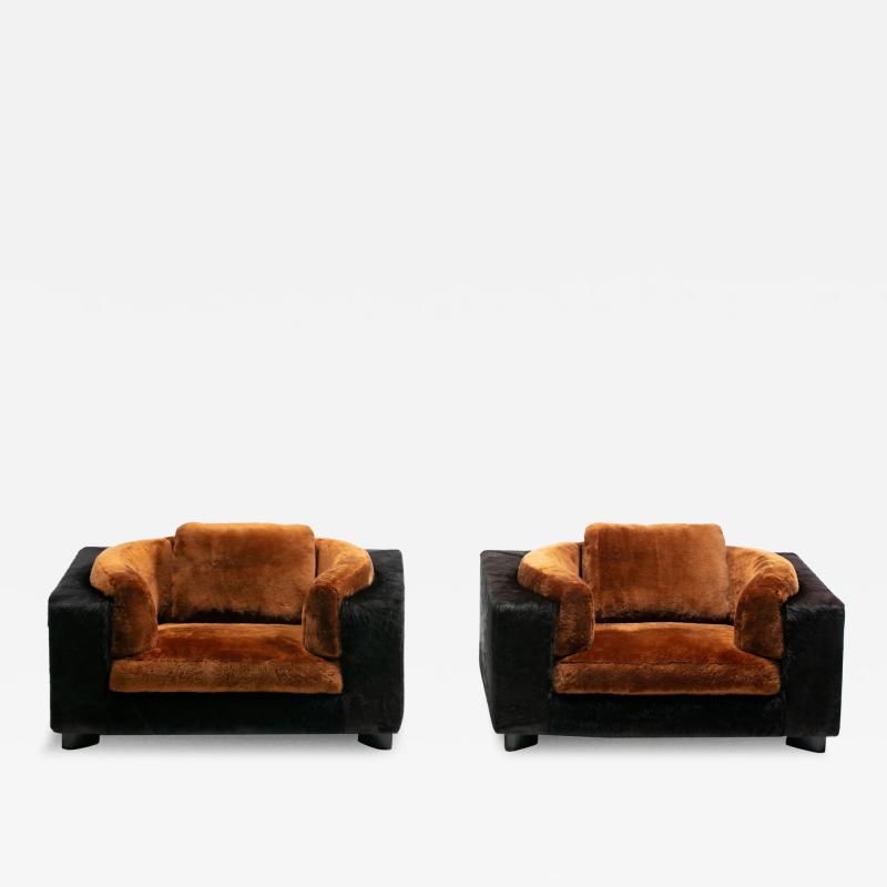  Gucci Gucci Monumental 1970s Club Chairs in New Black Cowhides and Chocolate Shearling