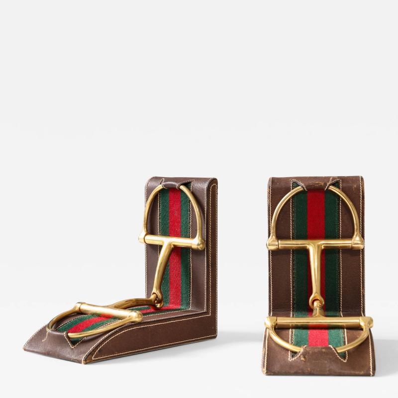  Gucci Pair of Leather and Brass Bookends Gucci Italy c 1970