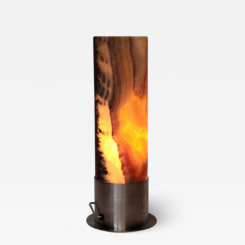  Gueridon Ambient Brown Onyx Table Lamp with Leather Backed Stainless Steel Base