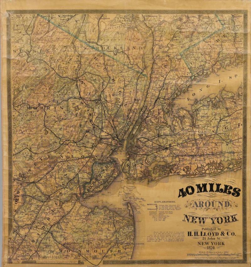  H H Lloyd 1870 40 Miles Around New York by H H Lloyd Hanging Map on Original Rollers