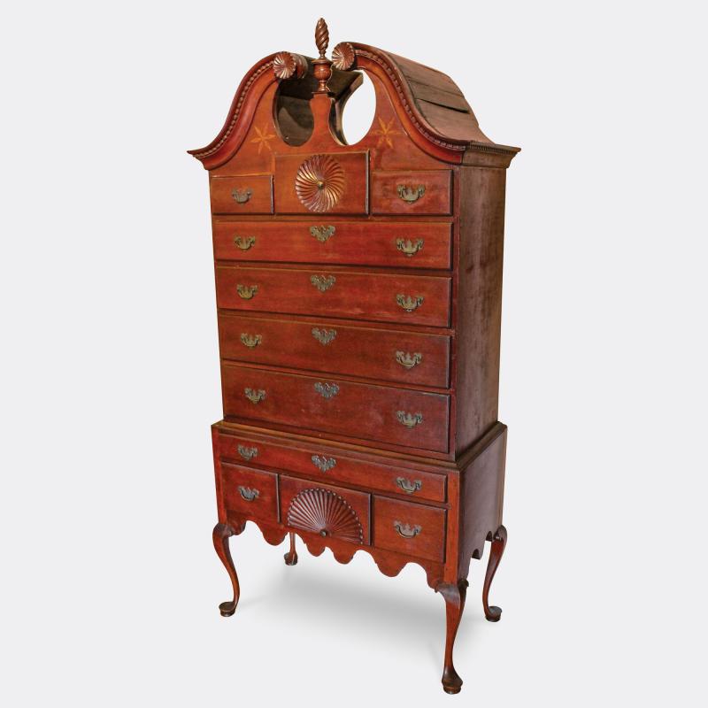  HL Chalfant American Fine Art Antiques Diminutive Cherry Queen Anne Bonnet Top High Chest