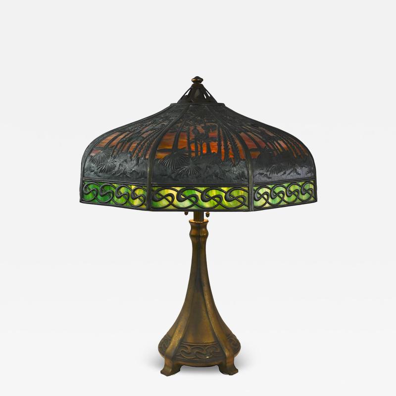  Handel Co Handel Bent Glass Panel Lamp with Tropical Motif