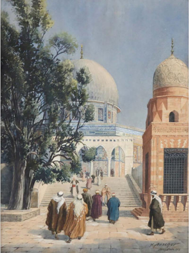  Hans Aescher Orientalist watercolour of the Dome of the Rock by Hans Aescher
