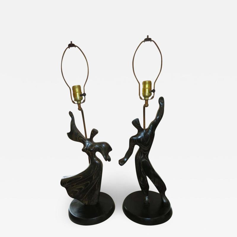  Heifetz Lovely Pair of Modernist Cerused Oak Heifetz Dancer Male Female Lamps