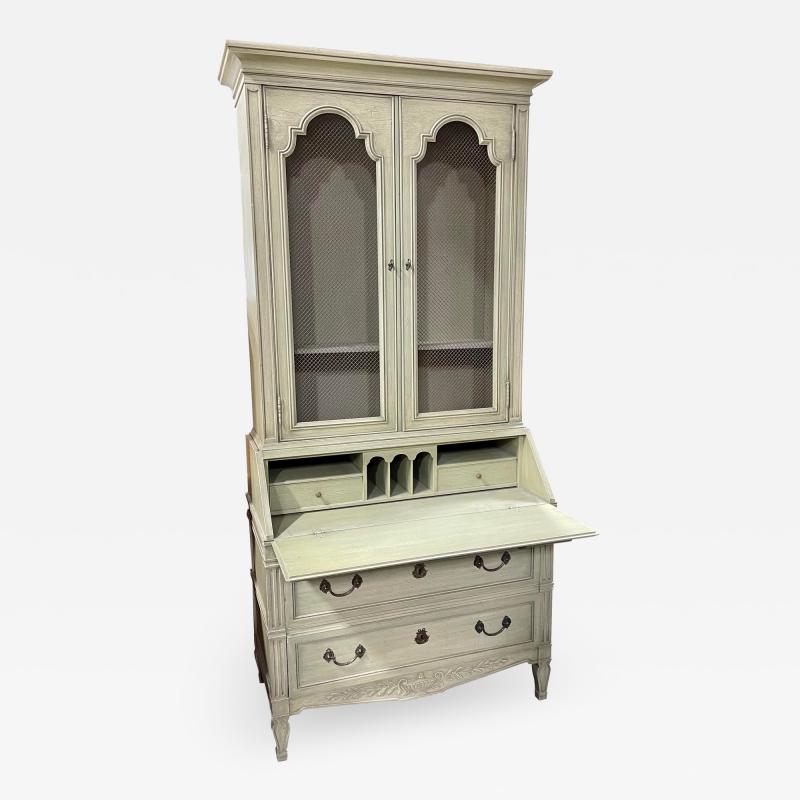  Henredon Furniture Custom Folio Paint Decorated French Country Secretary Desk Mesh Front Bookcase