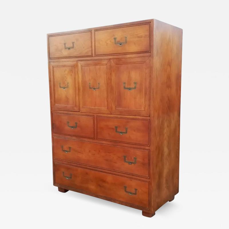  Henredon Furniture Henredon Artefacts Collection Tall Campaign Cabinet Highboy Oak Brass Midcentury